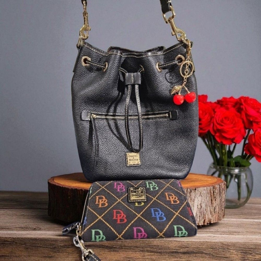 Dooney & Bourke Black Leather Drawstring Bag w/Wallet, Dusty & Cherry Charm NWOT